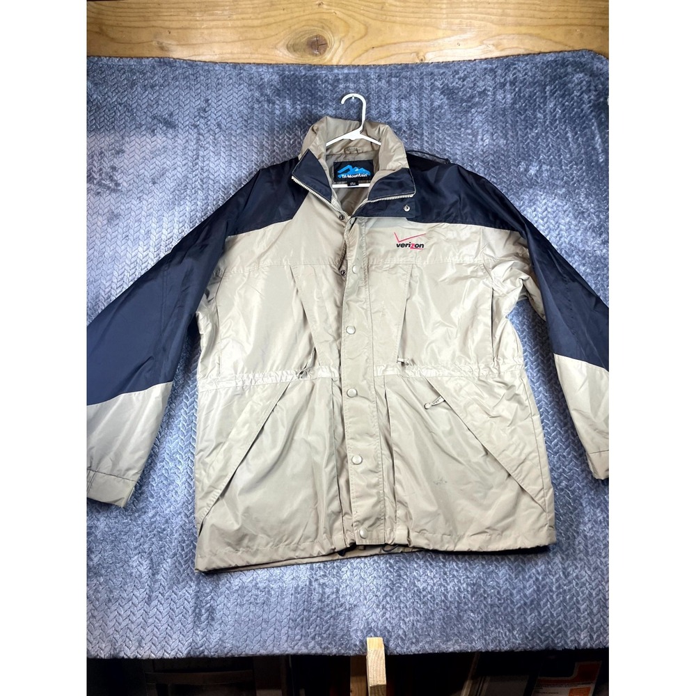 Tri Mountain Windbreaker Jacket Mens XL Beige Black Nylon Verizon Logo Full Zip
